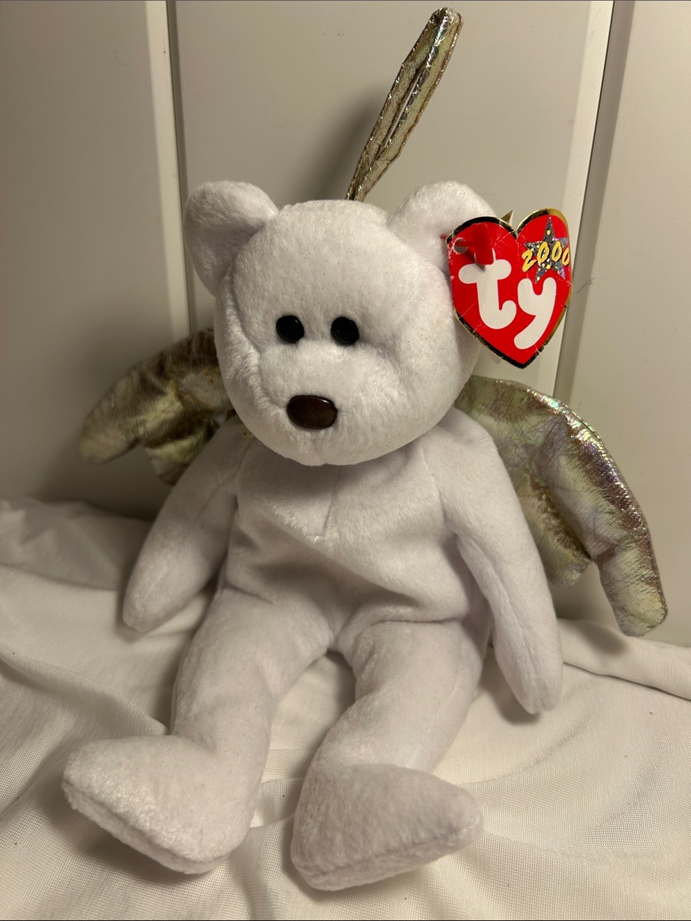 Vintage Ty Beanie Baby Halo II white Angel Bear 2000 Y2K iridescent gold wings